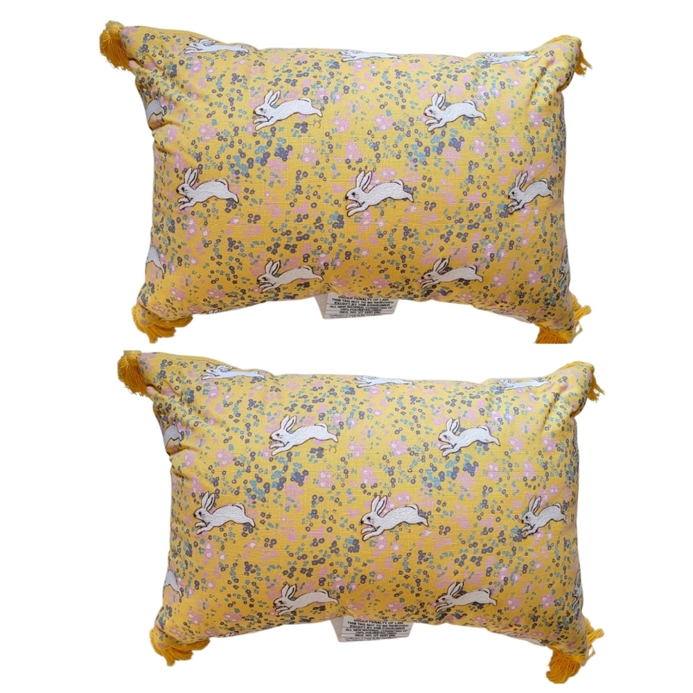 Threshold Bunny Easter Throw Pillows Yellow Embroidery Home Décor 20x14 Set Of 2